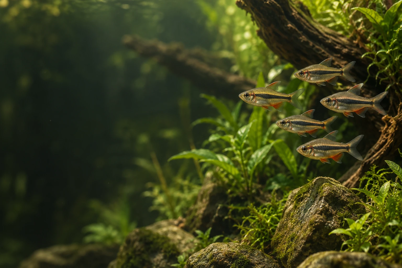 Freshwater fish swimming among aquarium plants