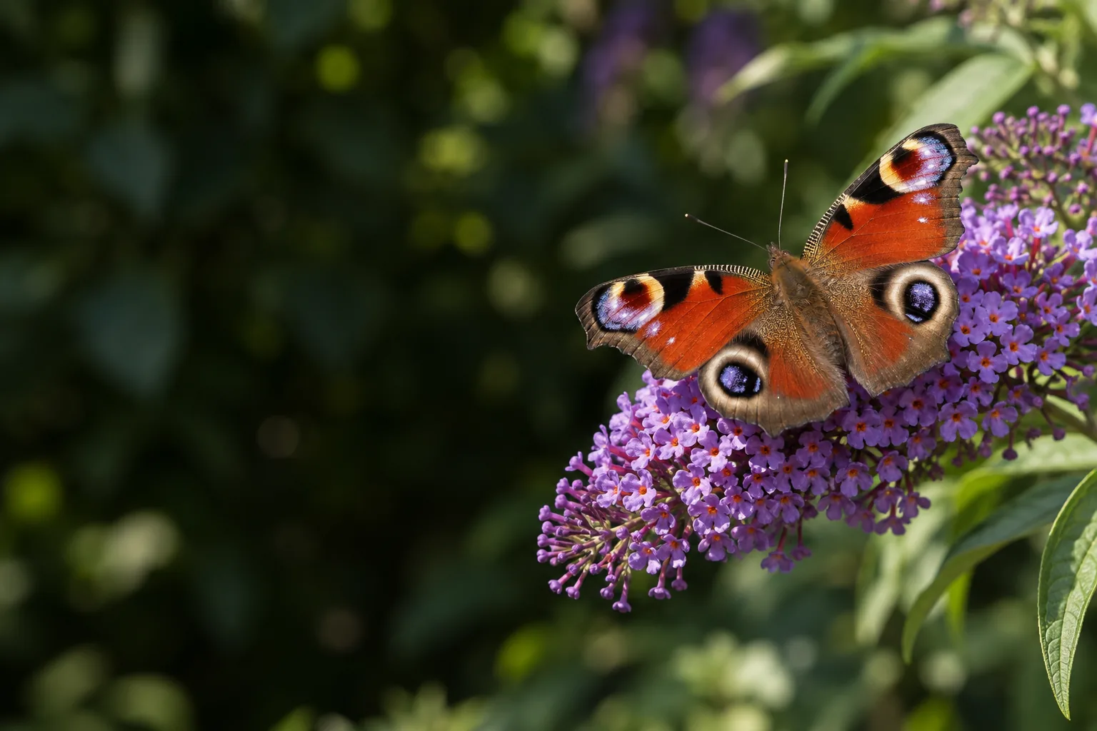 An illustrated peacock butterfly resting on purple buddleja flowers