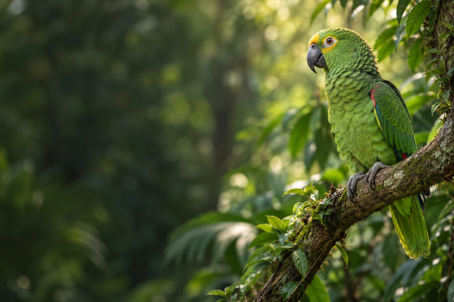 A green parrot perched in a leafy setting