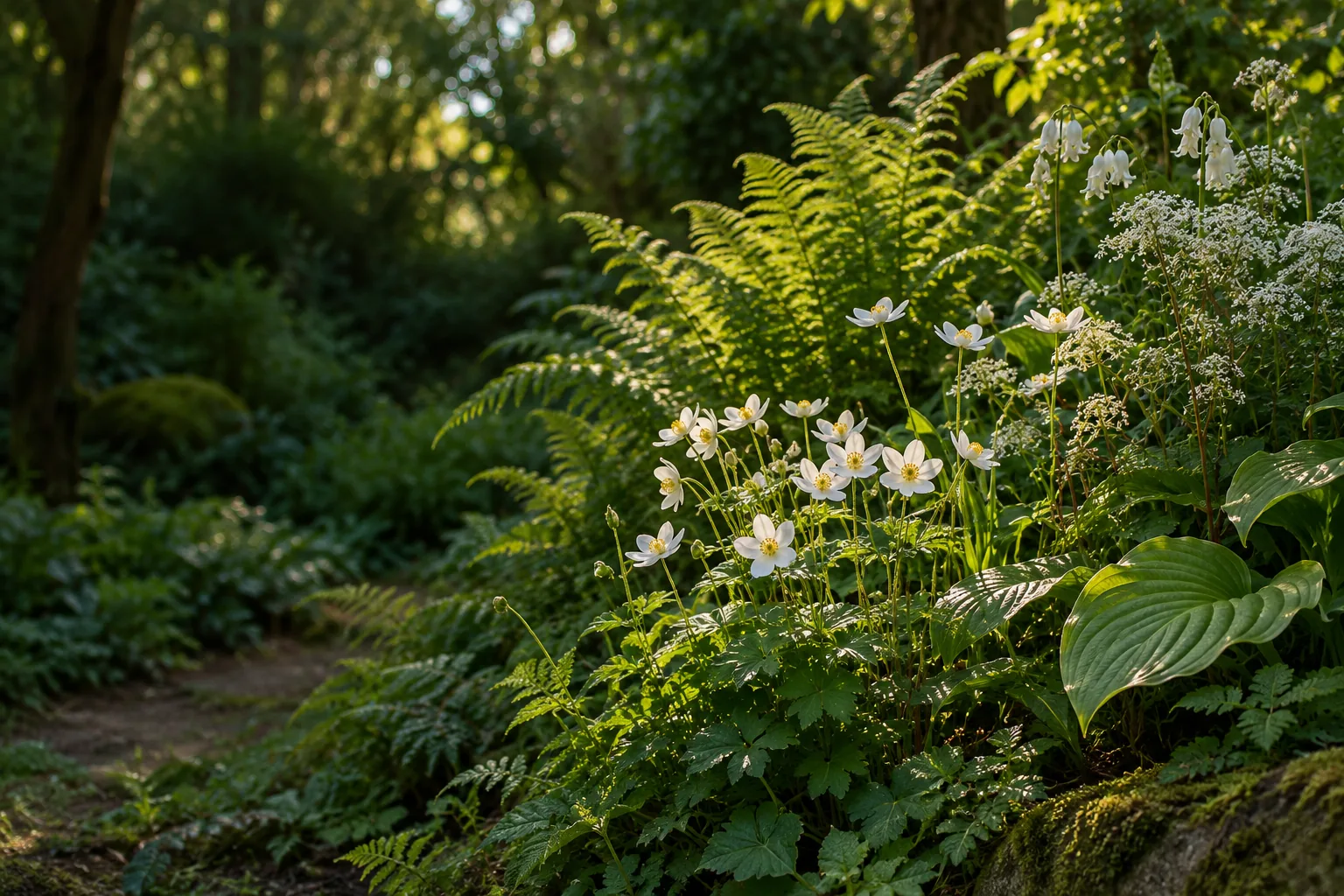 Flowering plants and ferns in a sunlit woodland garden