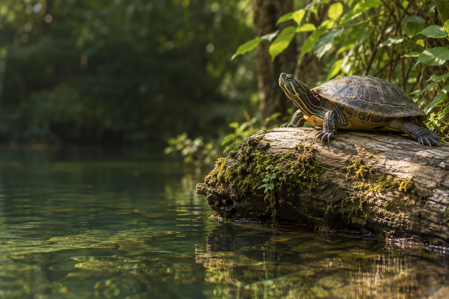 A freshwater turtle resting on a log above water