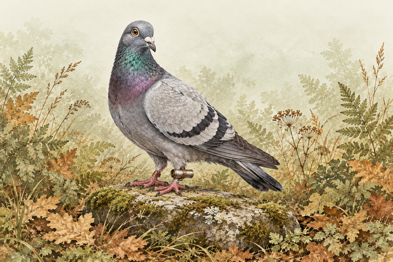 Watercolour illustration of a carrier pigeon with a small message capsule, standing among woodland plants.