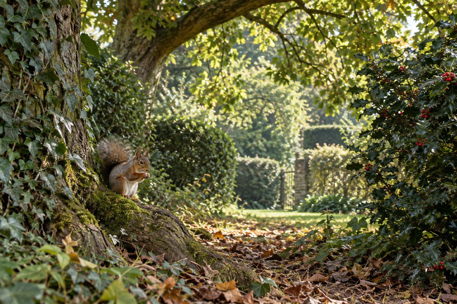 Mature trees, ivy and dense shrubs providing garden cover