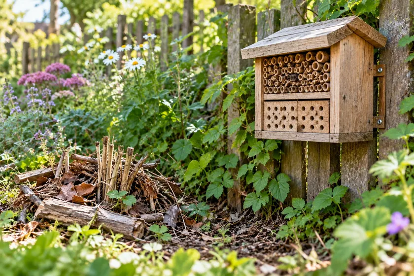Bee nesting block mounted above a separate leaf and twig pile in a garden