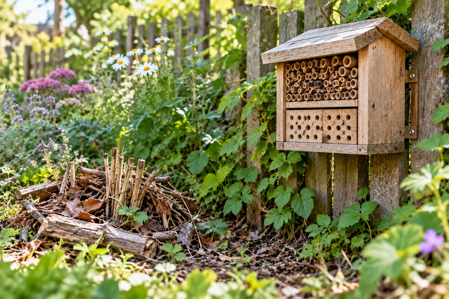 Bee nesting block mounted above a separate leaf and twig pile in a garden
