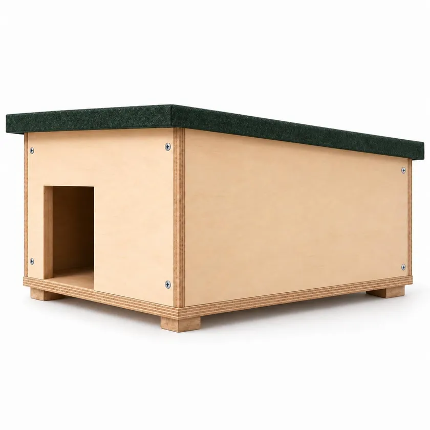 Illustration of the GroundFeeders wooden hedgehog house, with a front entrance and a roof sloping down towards the back