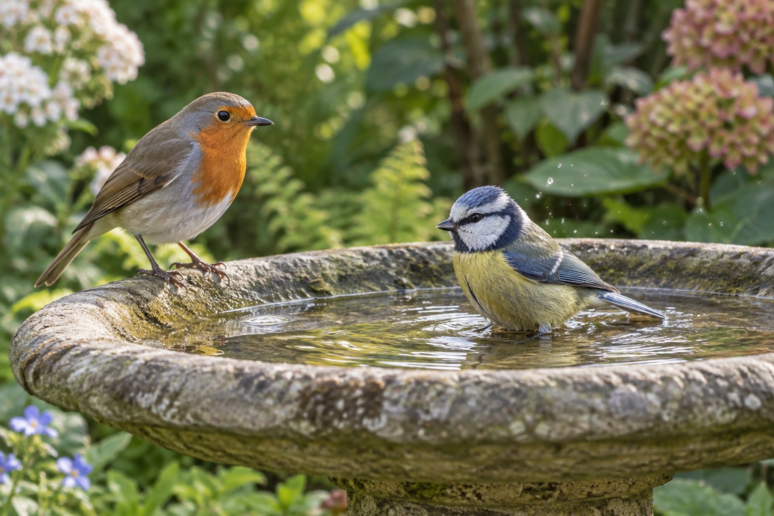 A robin and blue tit at a shallow stone birdbath