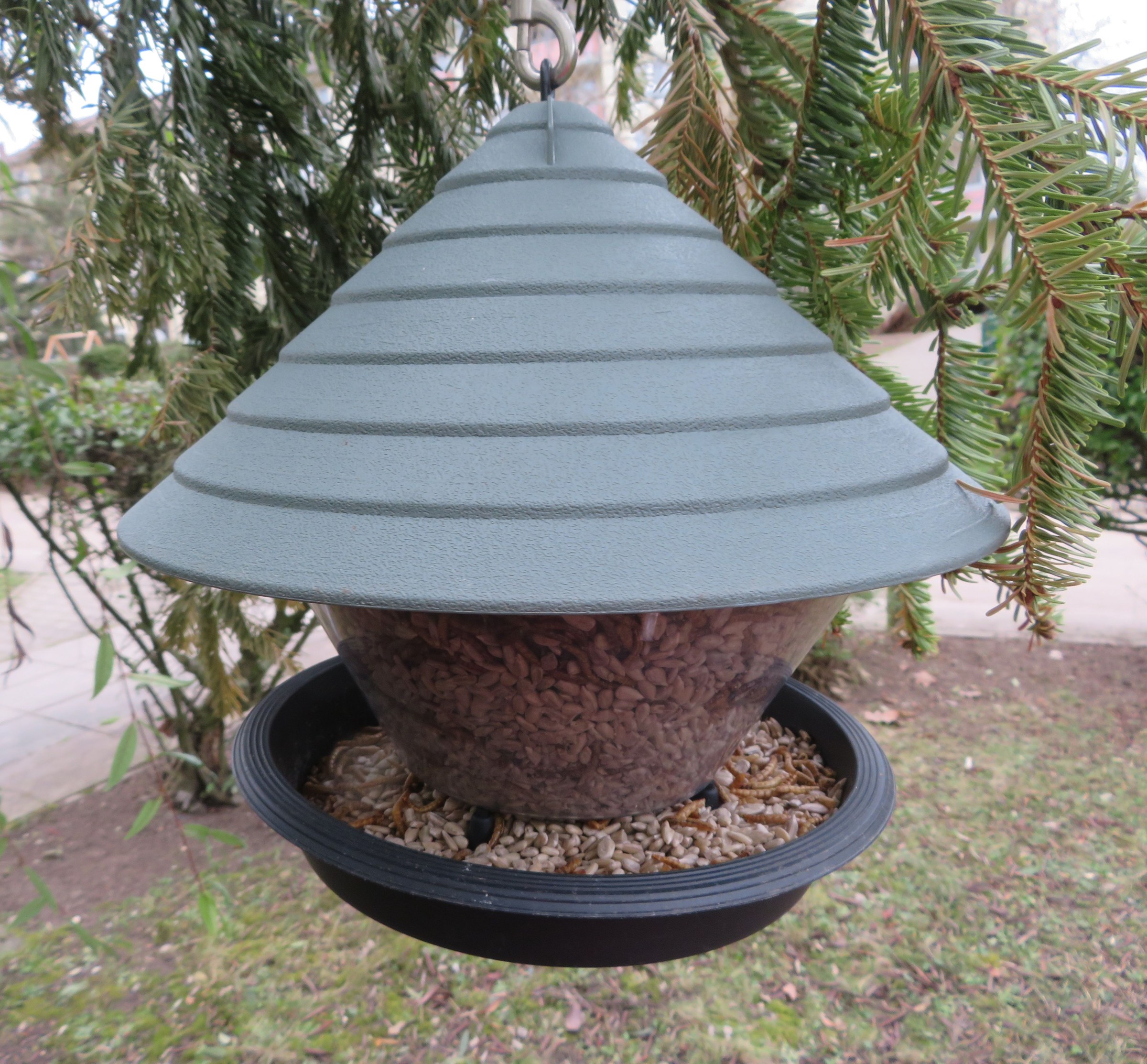 Hanging bird feeder with a conical roof and an open circular tray containing food