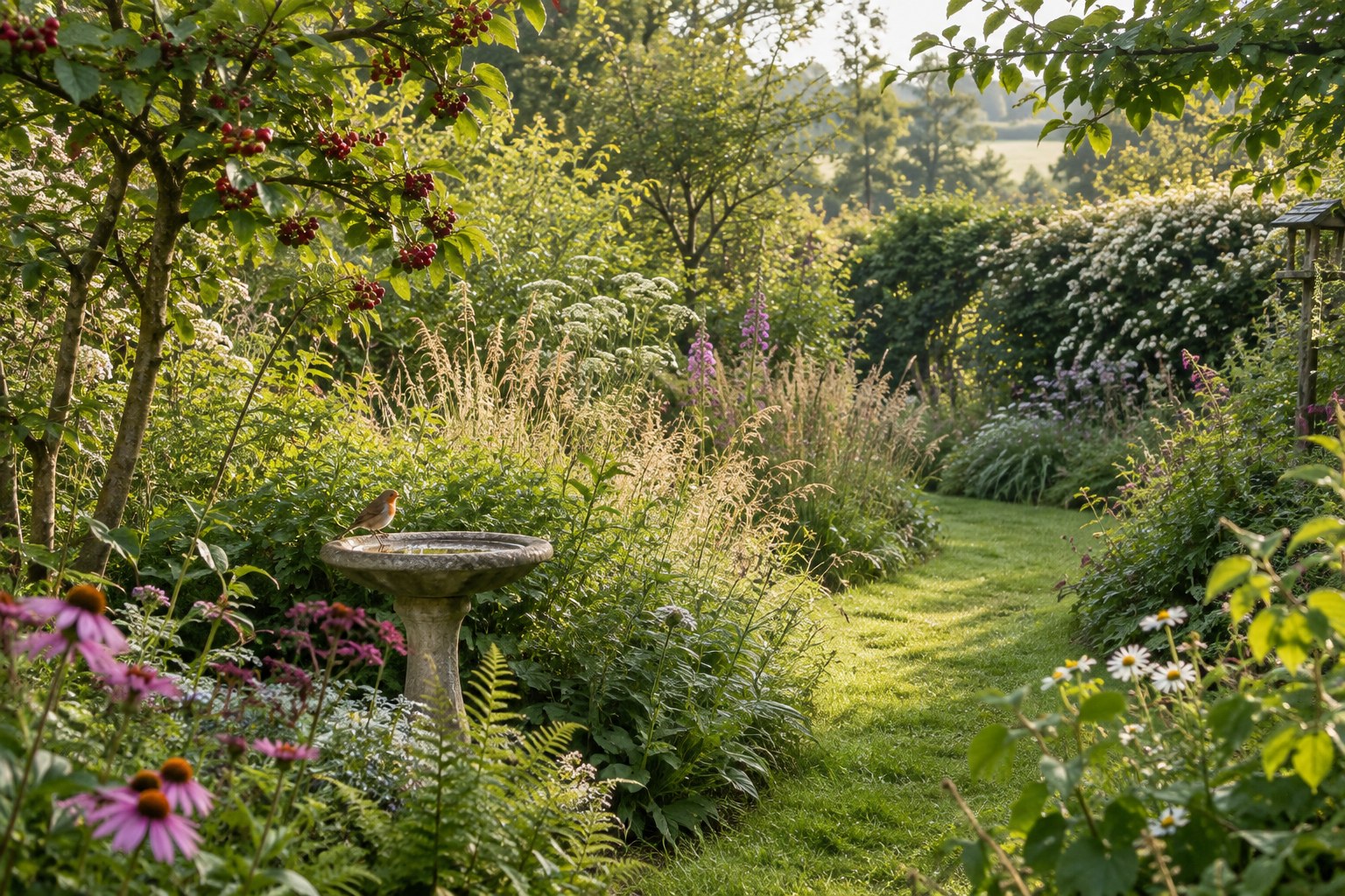 Layered planting, grasses and shrubs in a wildlife garden