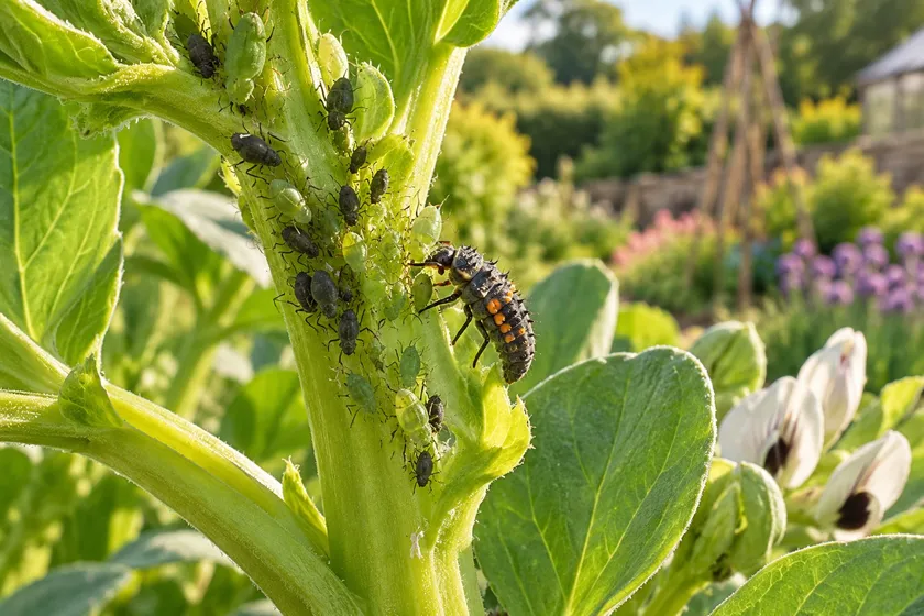 Illustration of aphids on a bean stem beside a dark, orange-marked ladybird larva