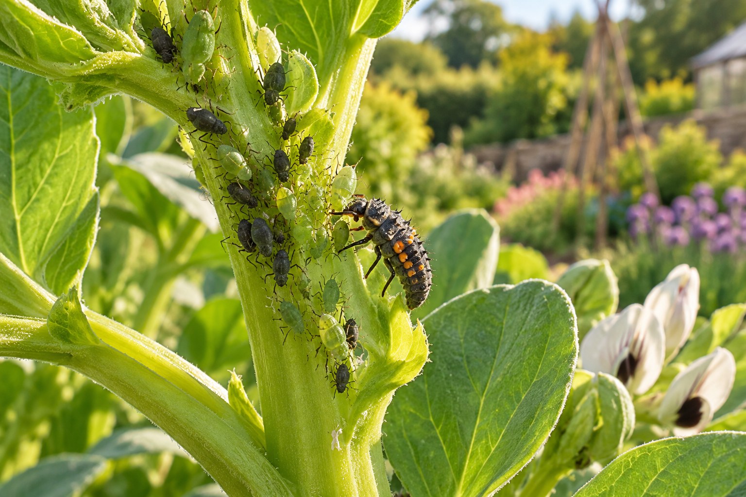 Illustration of aphids on a bean stem beside a dark, orange-marked ladybird larva