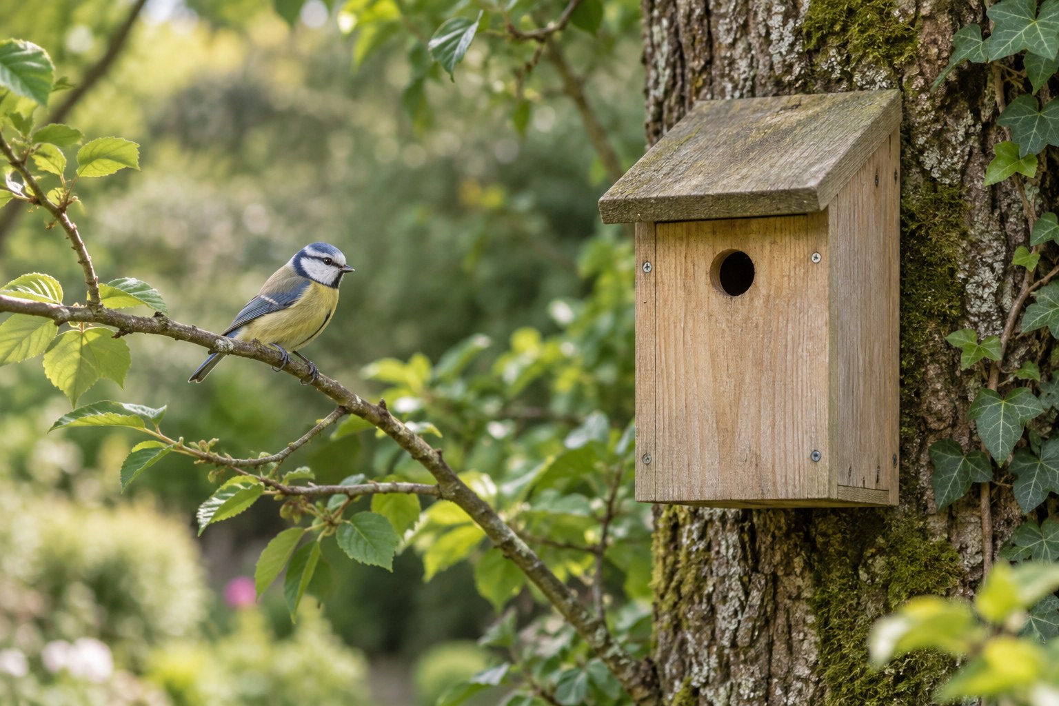 A wooden nest box on a tree with a blue tit nearby